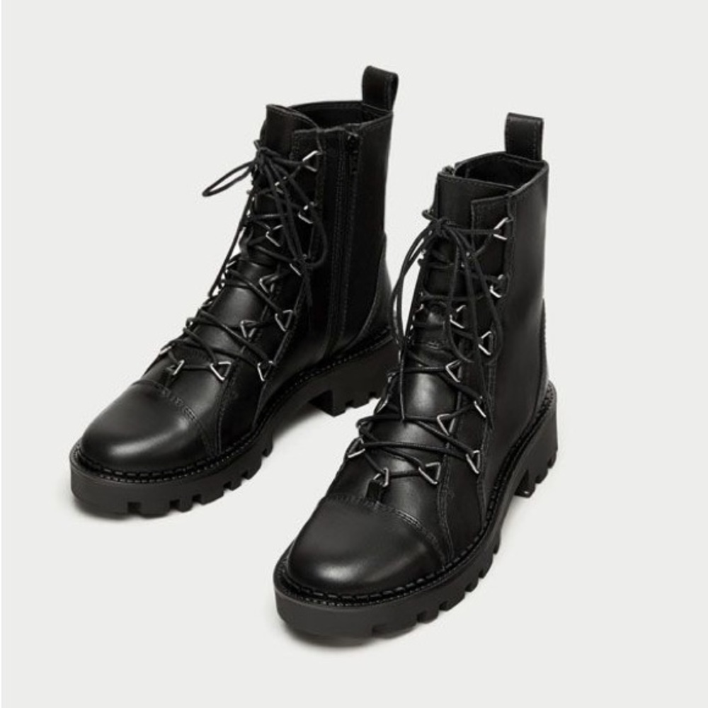 Zara Trafaluc black leather biker ankle boots - Size EU 37